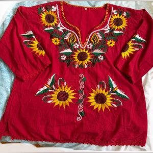 Women’s Sunflower Embroidered Red Long Sleeve Tunic Top